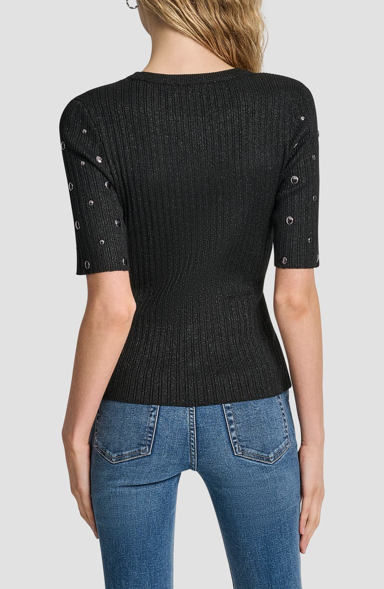 DKNY Studded Metallic Rib Short Sleeve Sweater, Alternate, color, Black