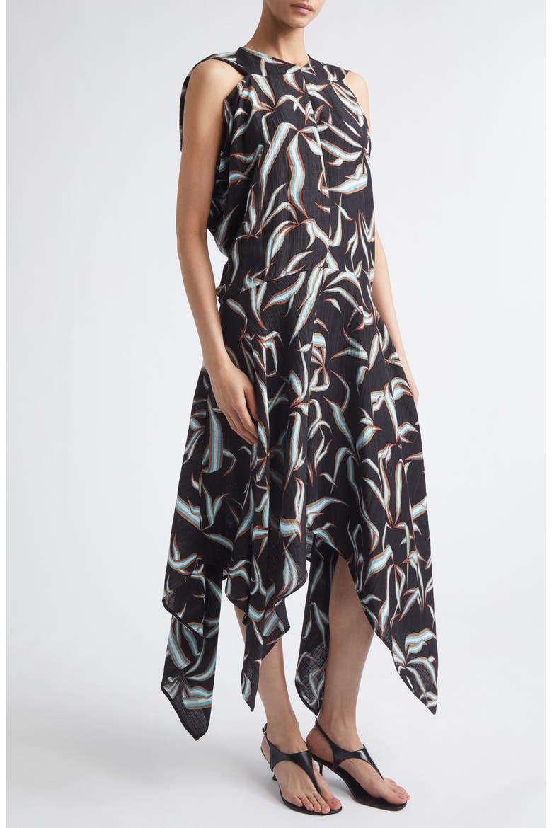 Sybella Handkerchief Hem Linen & Silk Metalassé Midi Dress, Alternate, color, BLACK