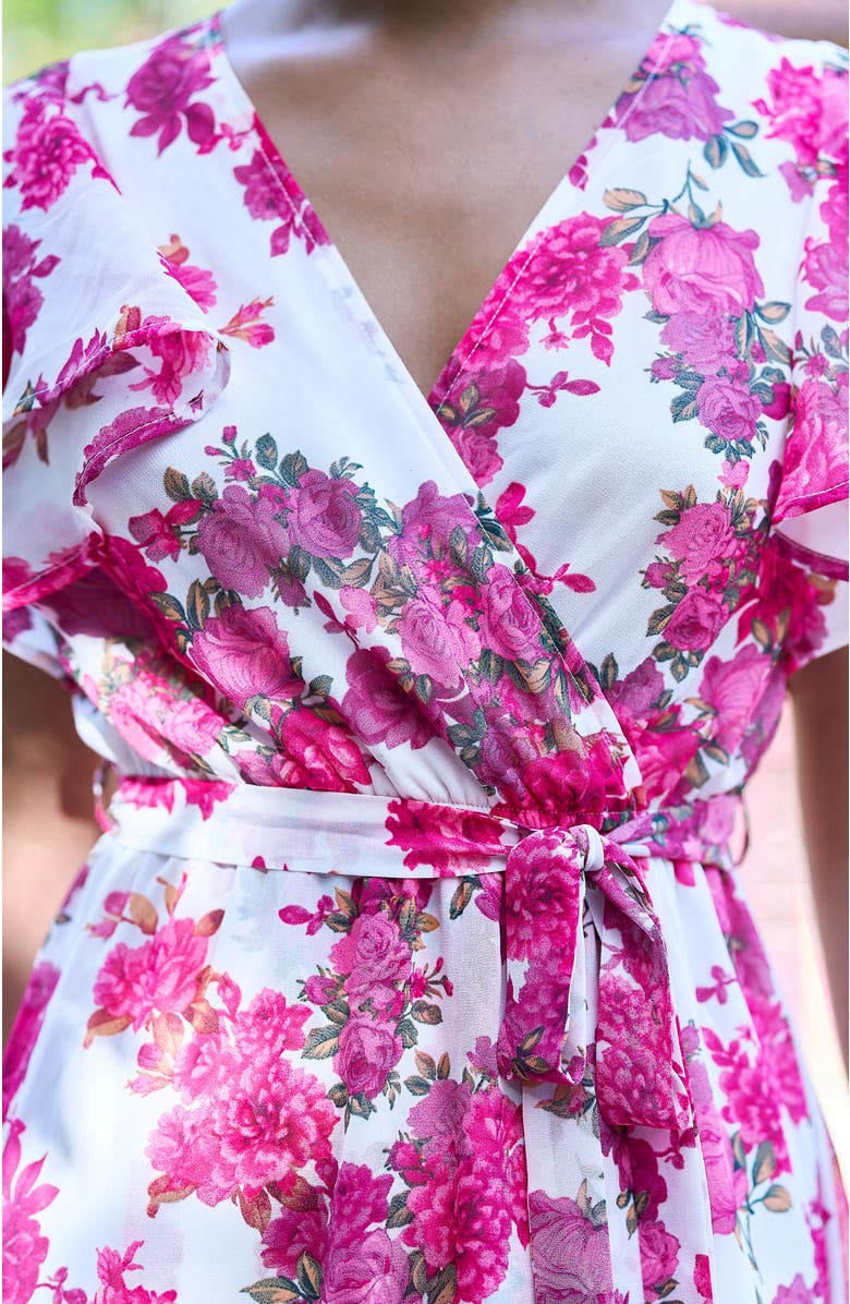 Yumi Floral Dipped Hem Wrap Dress, Alternate, color, Ivory