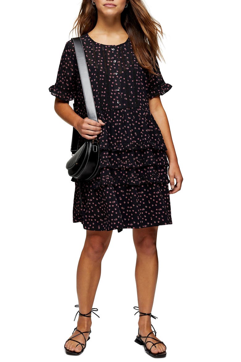 Ditsy Ladder Trim Mini Dress, Alternate, color, BLACK
