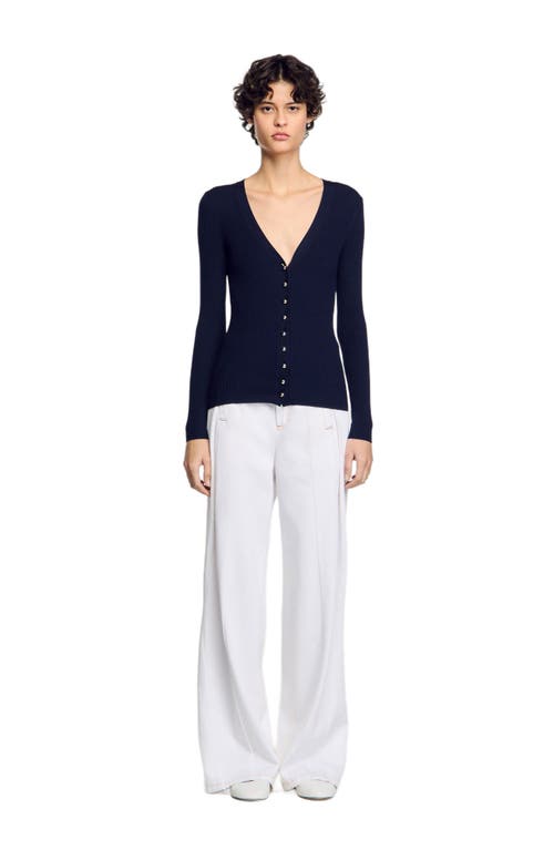 Sandro Gabrielle Ribbed Cardigan In Navy Blue
