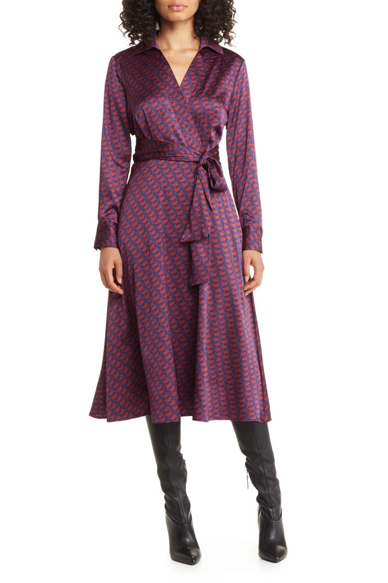 Geo Print Long Sleeve Hammered Satin Midi Shirtdress, Main, color, NAVY/ BLACK CHERRY