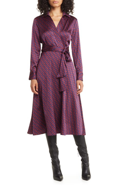 Tahari Asl Geo Print Long Sleeve Hammered Satin Midi Shirtdress In Navy/black Cherry