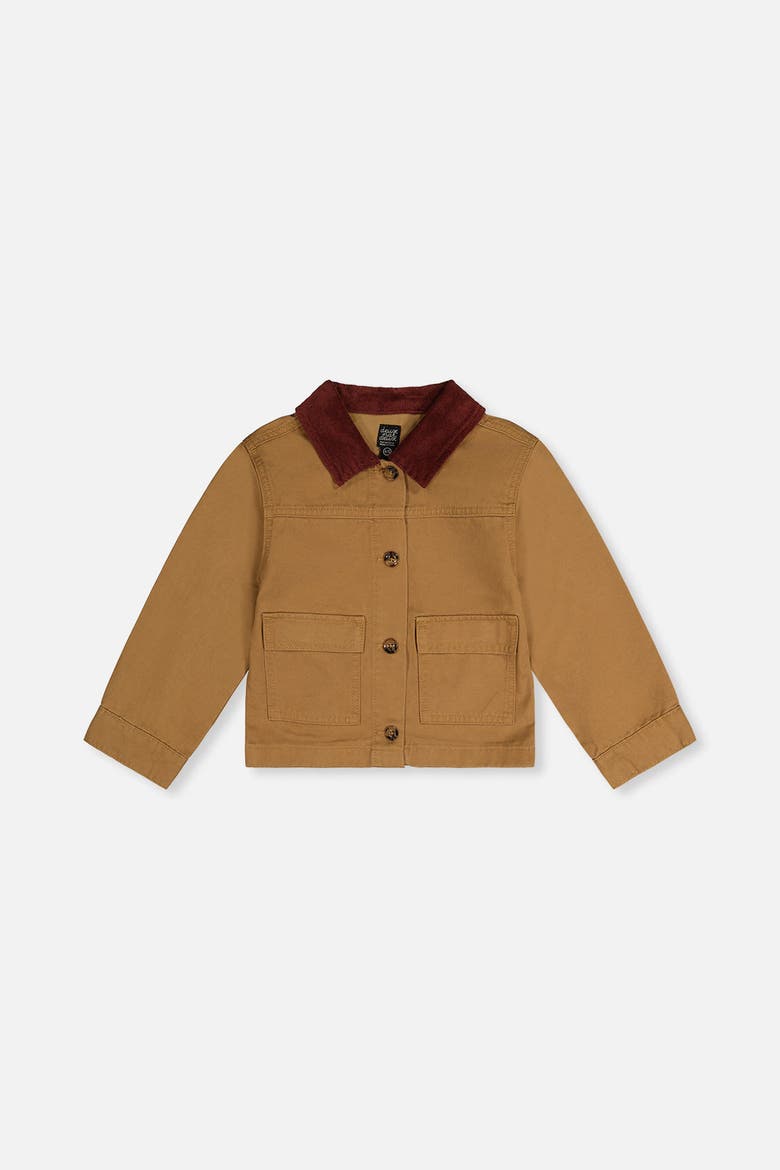 Barn Button Front Ribbed Collar Twill Jacket, Main, color, Brown Printed Thrush