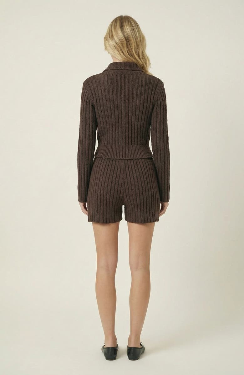 Modenaire Ribbed Knit Romper with Bow Tie Front and Long Sleeves, Alternate, color, Brown