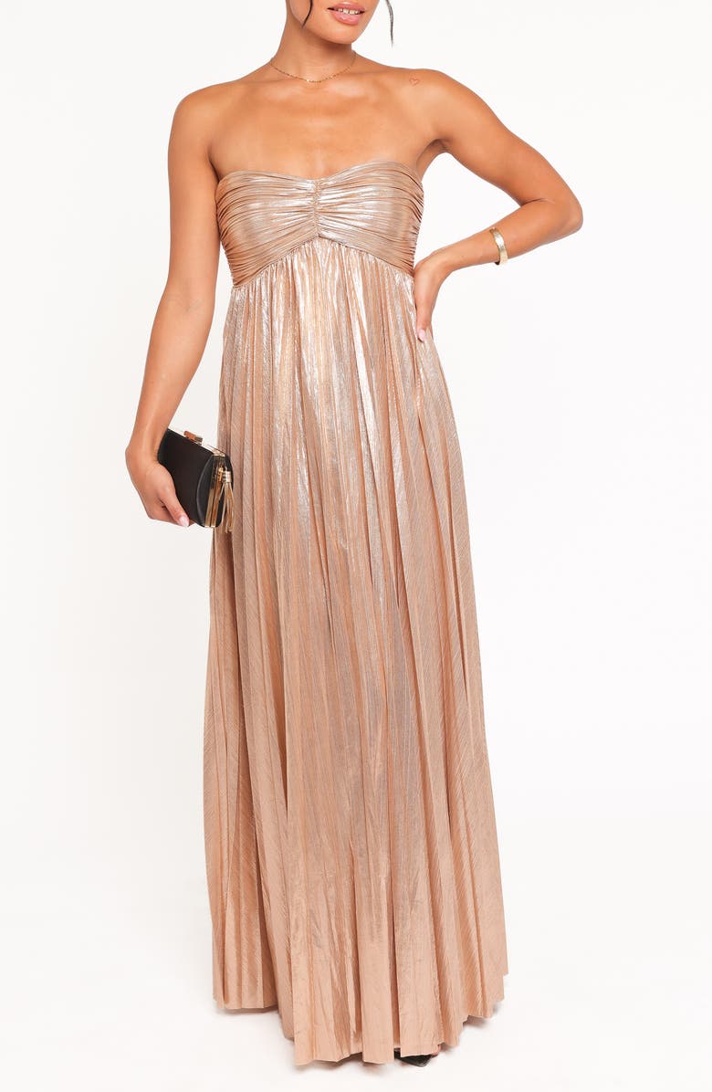 Petal & Pup Faye Strapless Metallic Gown, Main, color, Gold