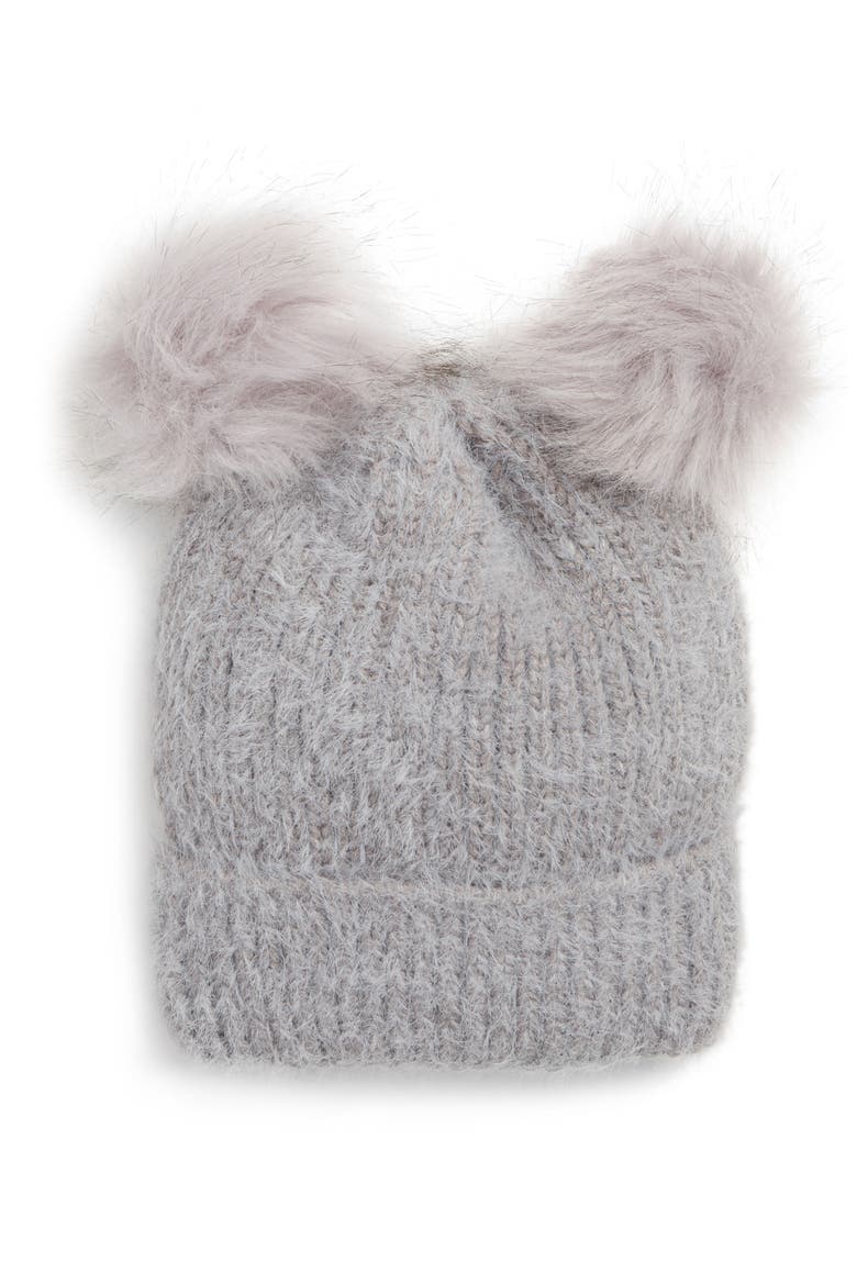 Faux Fur Double Pom Beanie, Main, color, GREY