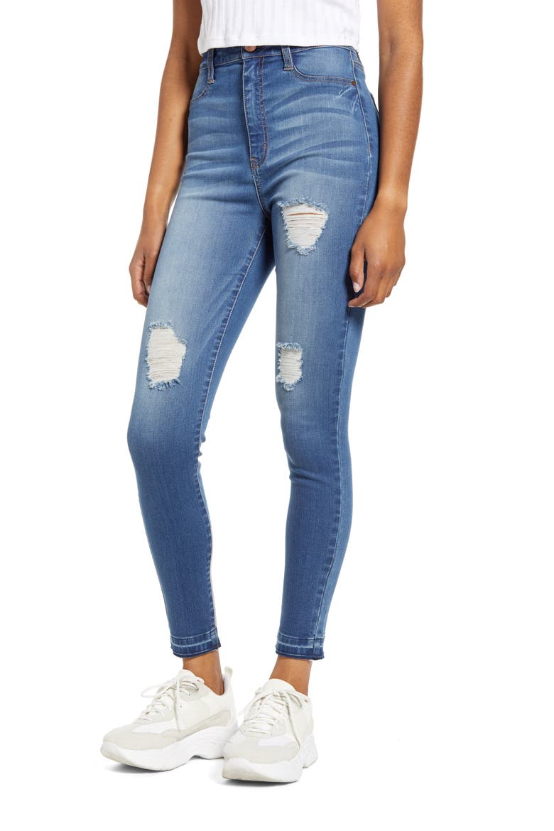 Ripped High Waist Skinny Jeans, Main, color, DARK WASH