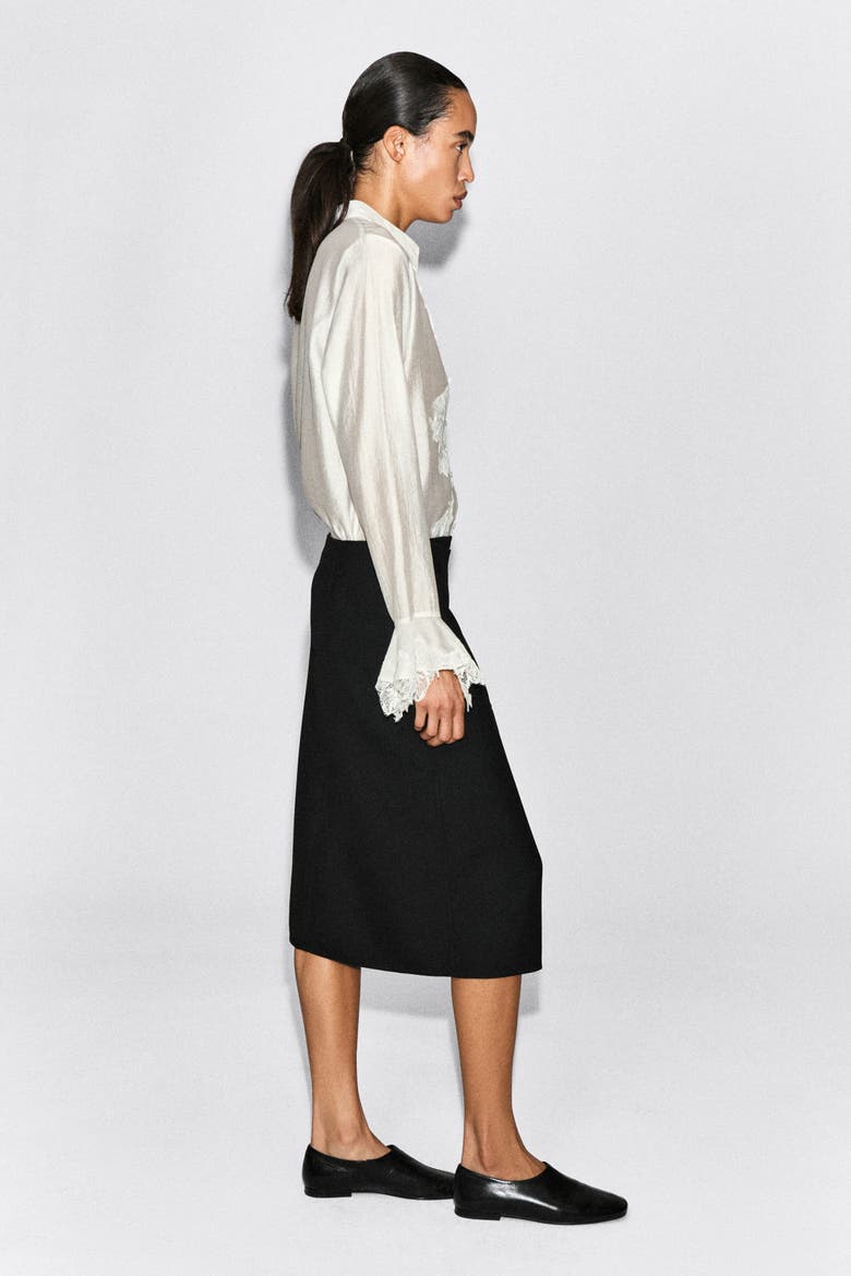 Leather-Belt Wool-Twill Midi Skirt, Alternate, color, BLACK