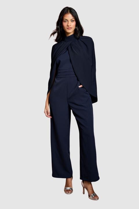 Petite High Neck Cape Wide Leg Jumpsuit