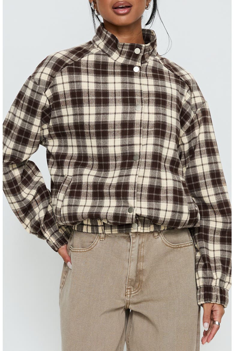 Khodana Plaid Funnel Neck Jacket, Main, color, BROWN CHECK