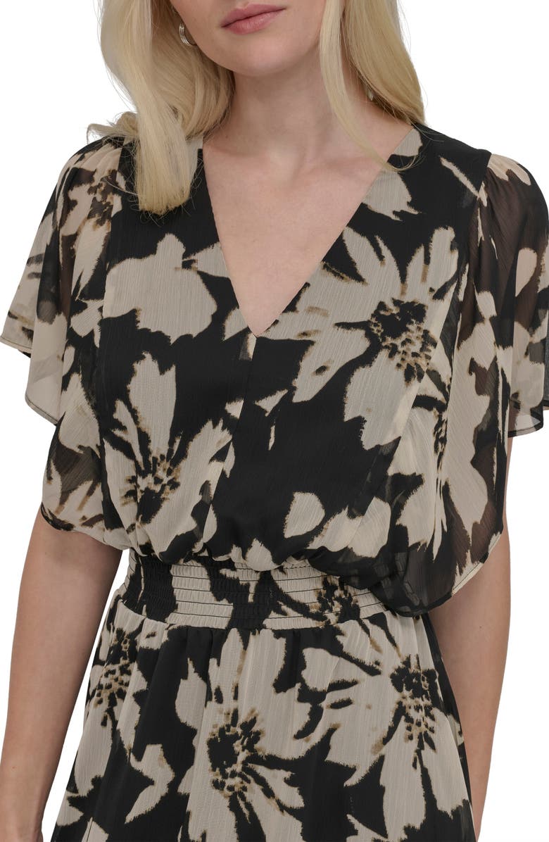 DKNY Smocked Flutter Sleeve Midi Dress, Alternate, color, 