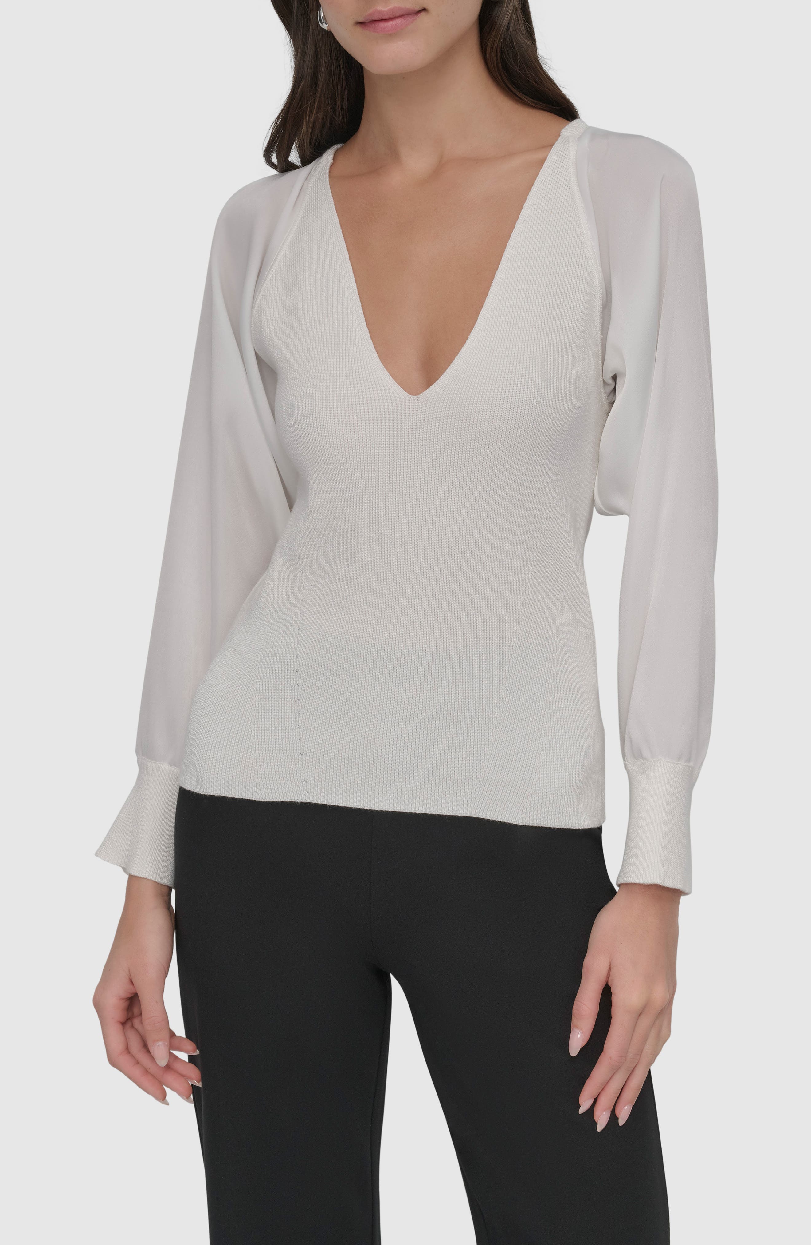 V-Neck Mixed Media Sweater