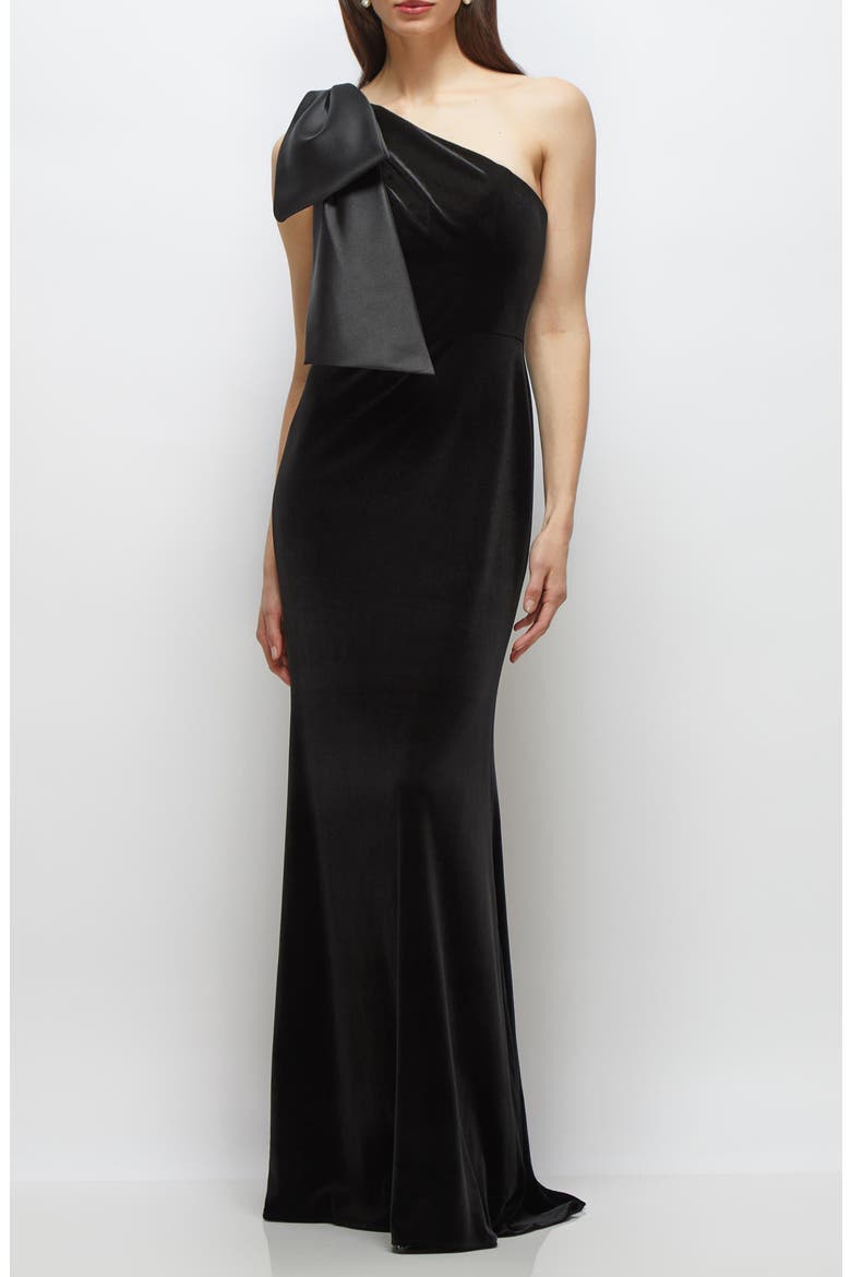 Satin Bow One-Shoulder Velvet Mermaid Gown, Main, color, BLACK