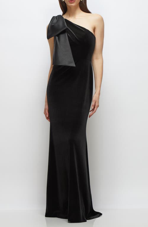 After Six Satin Bow One-Shoulder Velvet Mermaid Gown in Black 
