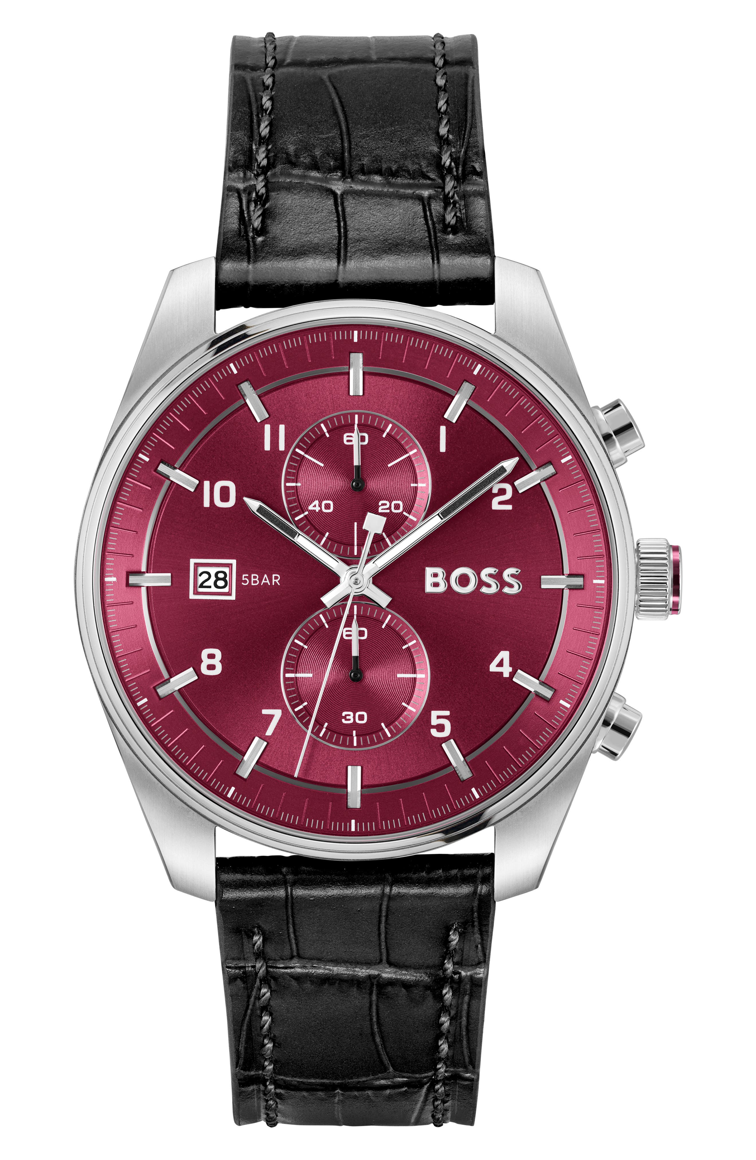 BOSS Skytraveller Chronograph Croc Embossed Leather Strap Watch, 44mm