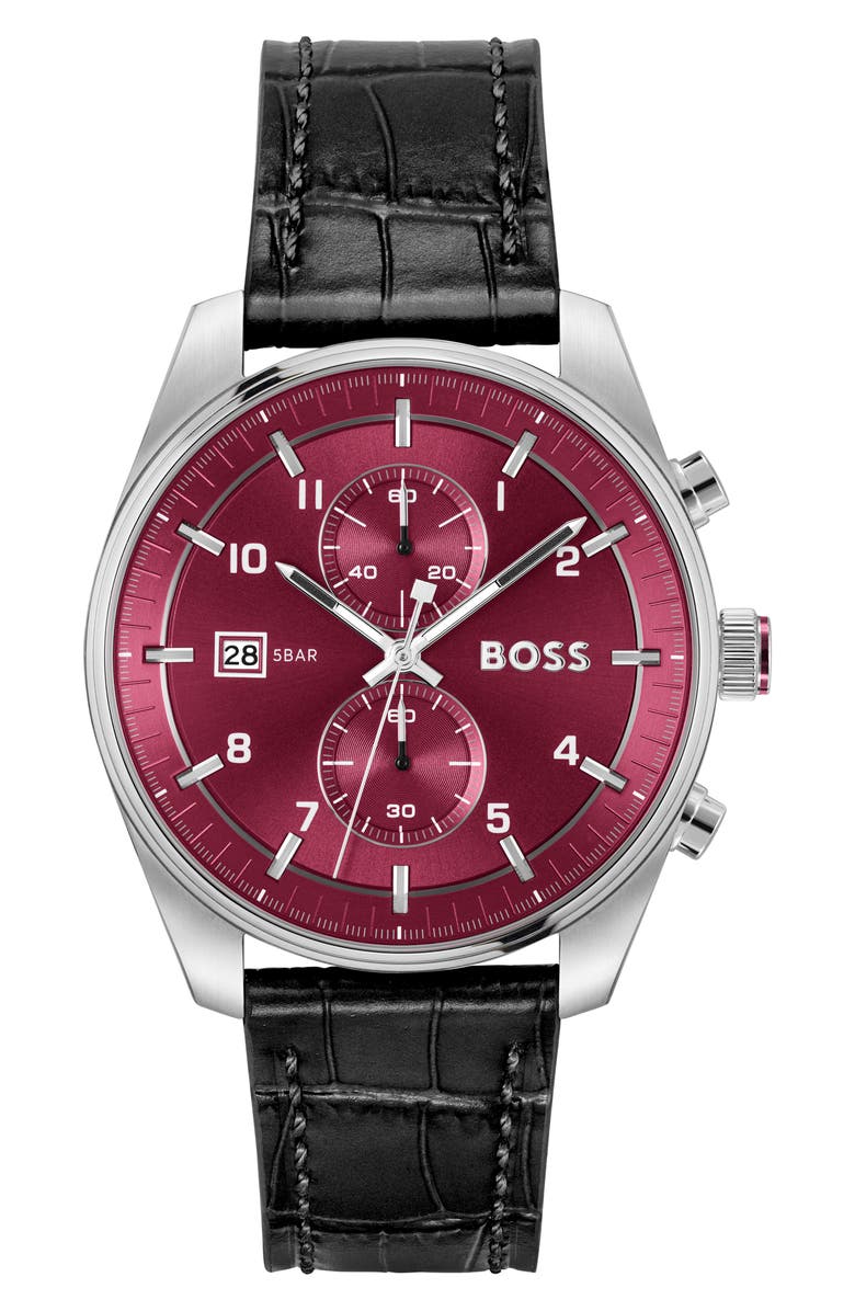 BOSS Skytraveller Chronograph Croc Embossed Leather Strap Watch, 44mm, Main, color, Red Dial