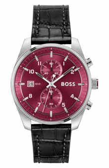 BOSS Skytraveller Chronograph Croc Embossed Leather Strap Watch, 44mm