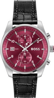 BOSS Skytraveller Chronograph Croc Embossed Leather Strap Watch, 44mm