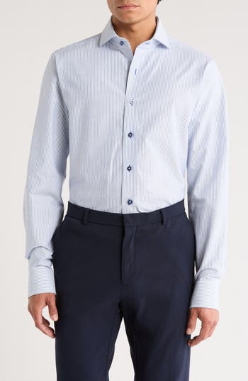 Lorenzo Uomo Trim Fit Vertical Stripe Cotton Dress Shirt In Blue