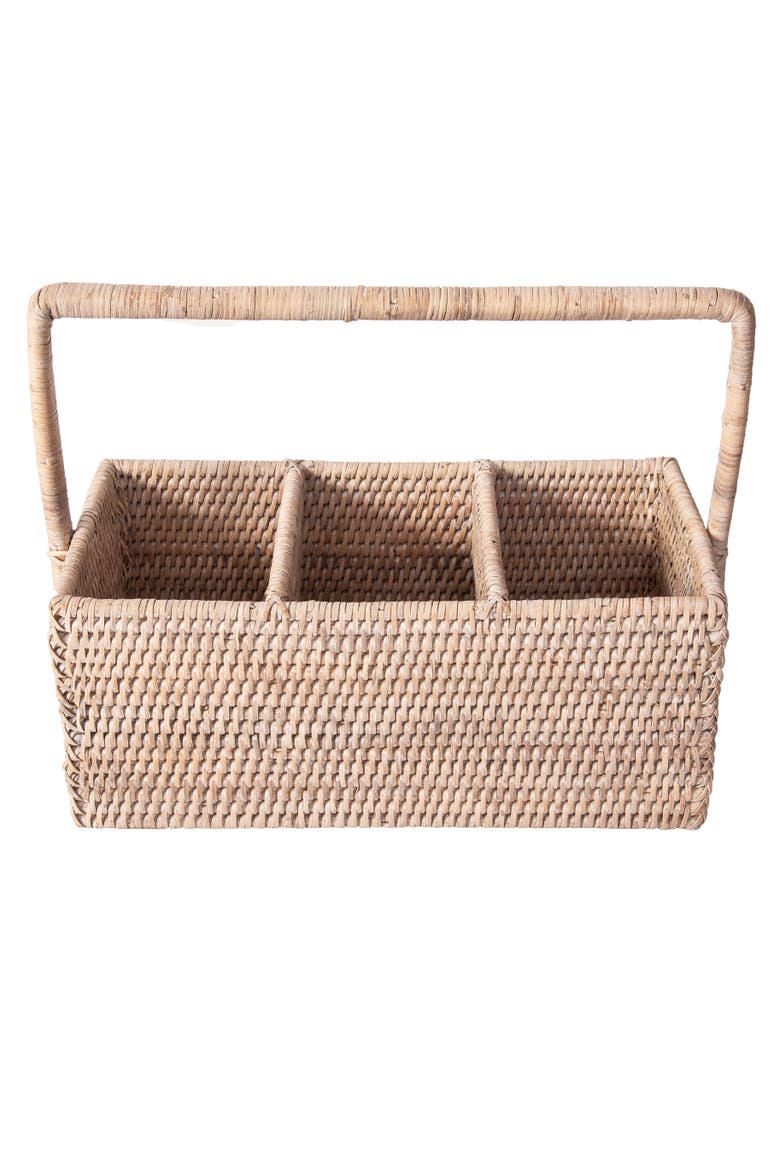 Artifacts Rattan 3 Section Caddy/Cutlery Holder with Handle, Alternate, color, White Wash