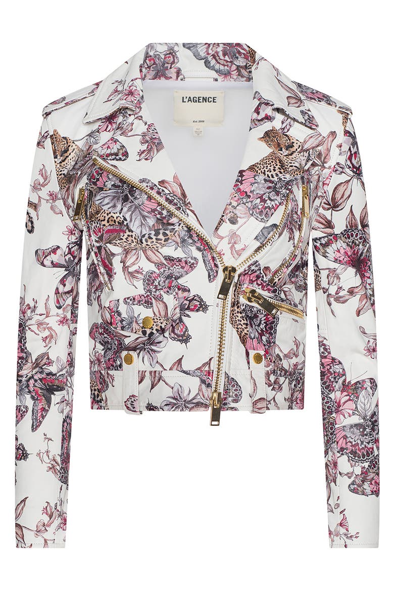 Blakely Butterfly Leopard Print Crop Leather Biker Jacket, Alternate, color, WHITE MULTI BUTTERFLY