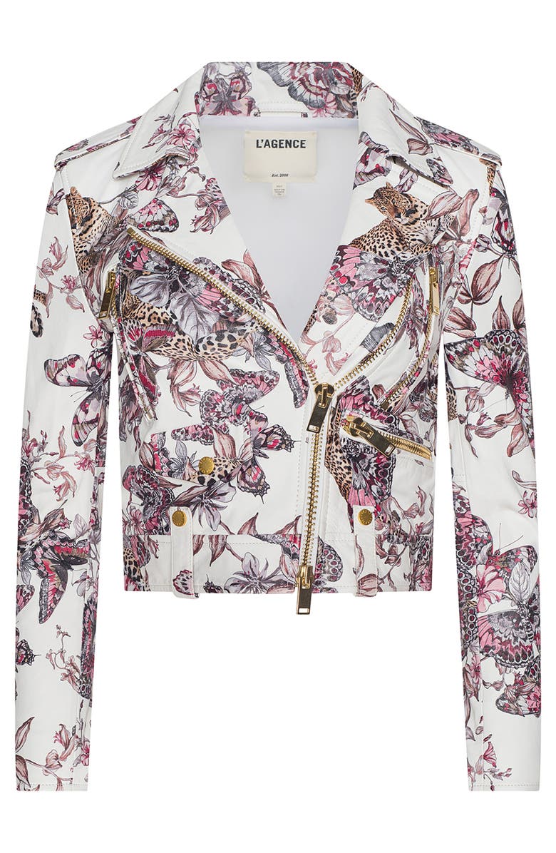 L'AGENCE Blakely Butterfly Leopard Print Crop Leather Biker Jacket, Alternate, color, White Multi Butterfly
