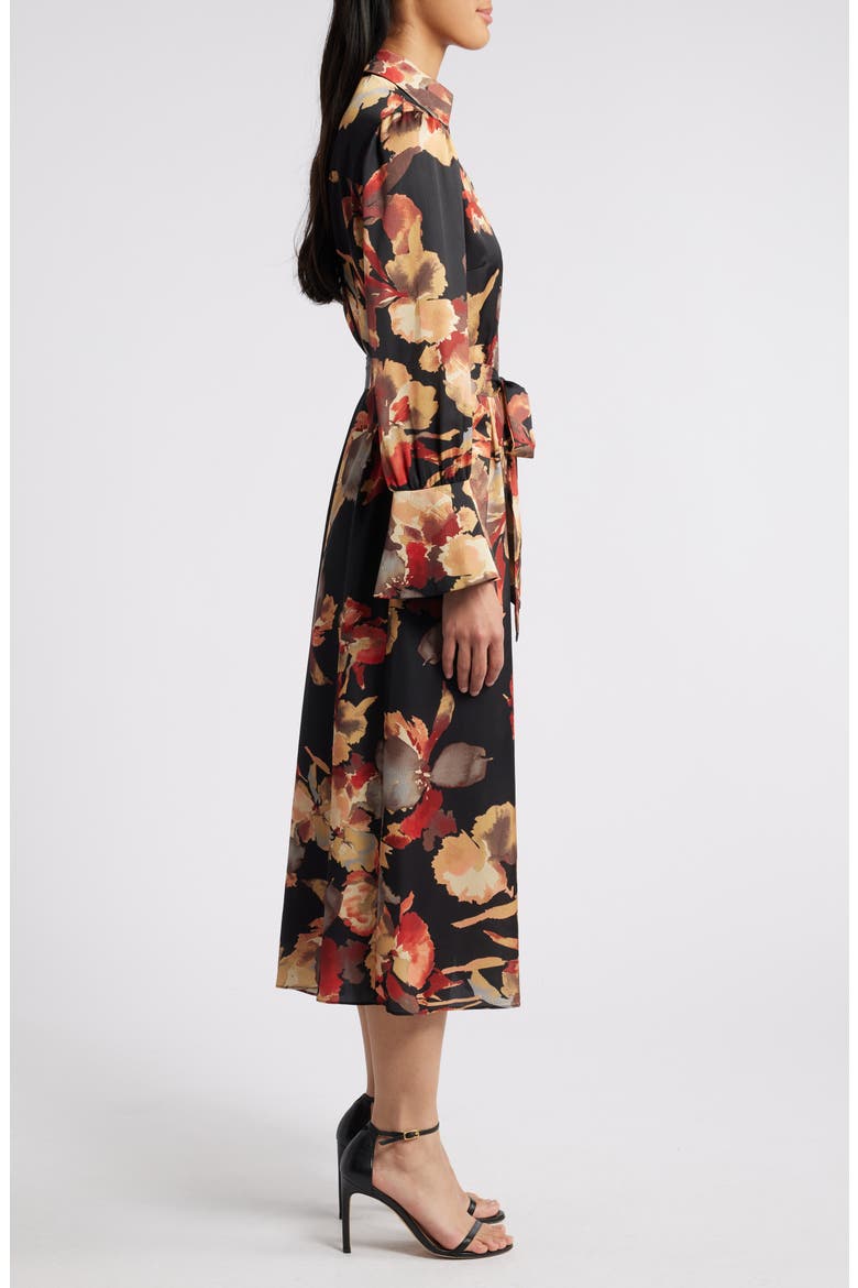Floral Long Sleeve Midi Shirtdress, Alternate, color, BLACK AND ORANGE