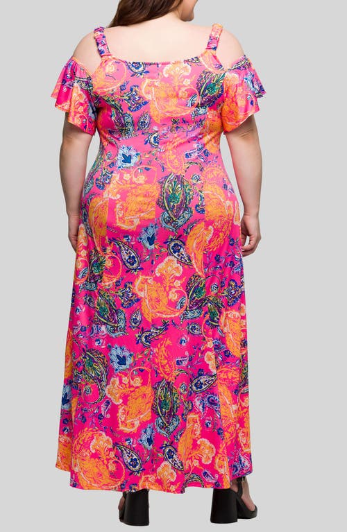 24seven Comfort Apparel Plus Size Cold Shoulder Ruffle Sleeve A-line Maxi Dress In Pink