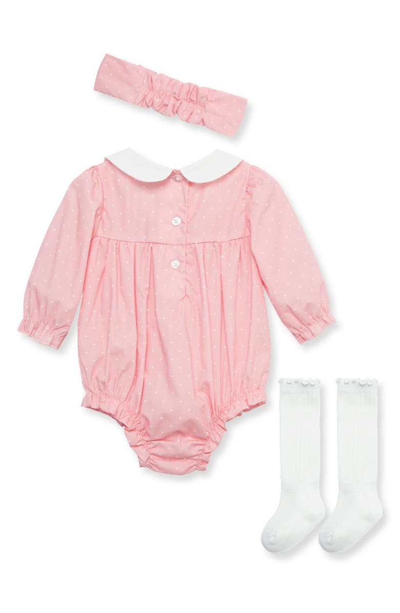 Little Me Smocked Dot Print Cotton Bubble Romper, Headband & Socks Set, Alternate, color, 