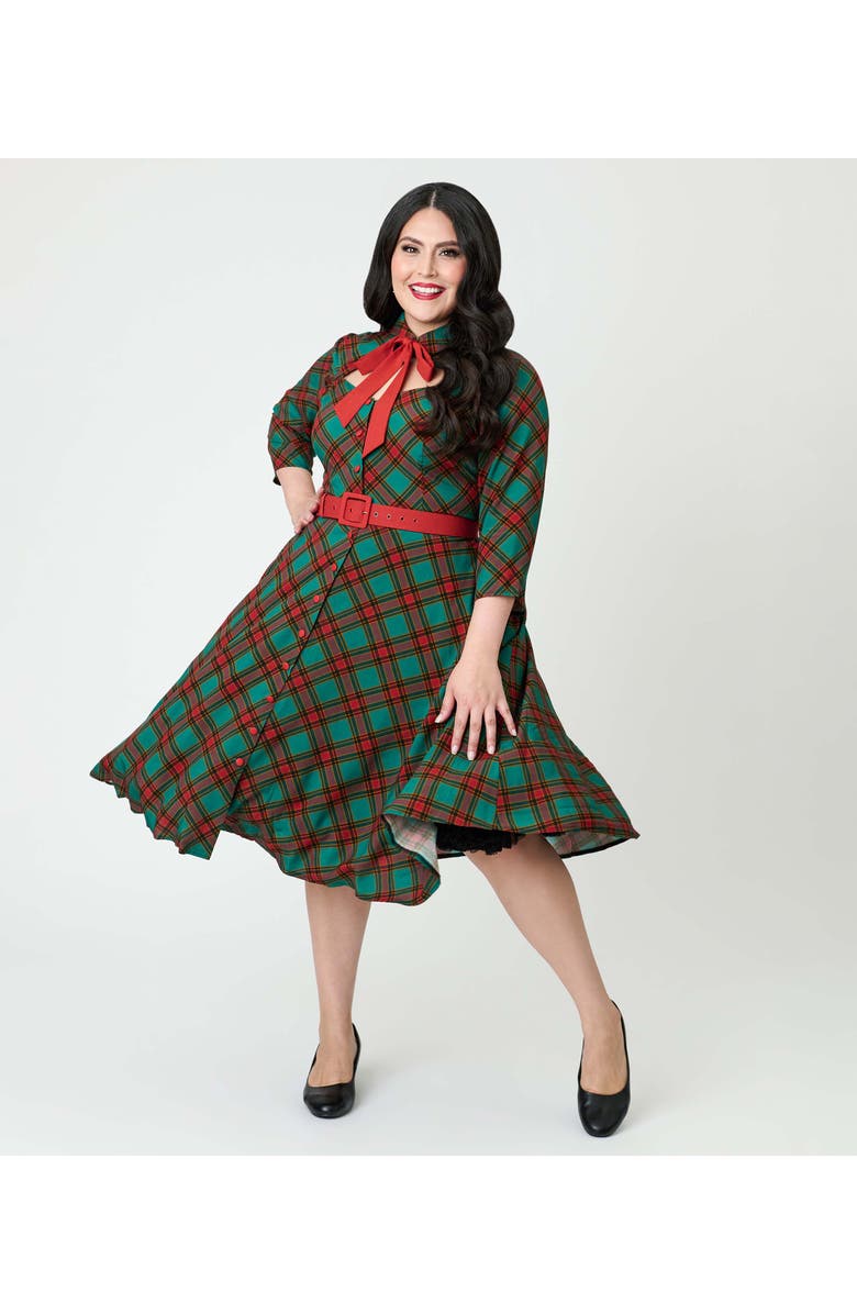 Unique Vintage Plus Size Sweetheart Neck Swing Dress, Main, color, Green Plaid