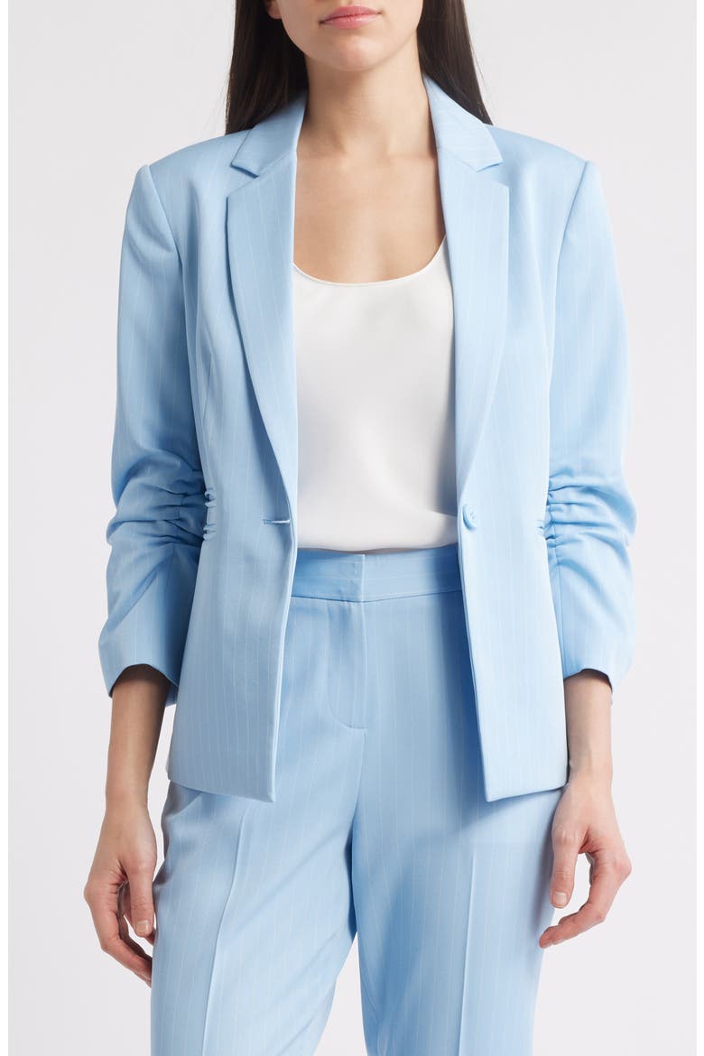Pinstripe Ruched Sleeve Blazer, Alternate, color, ICE BLUE