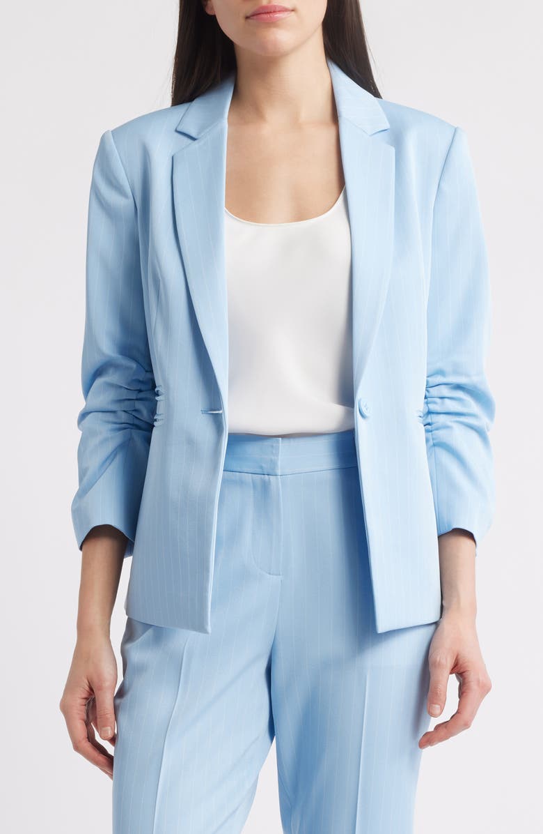 Tahari ASL Pinstripe Ruched Sleeve Blazer, Alternate, color, Ice Blue