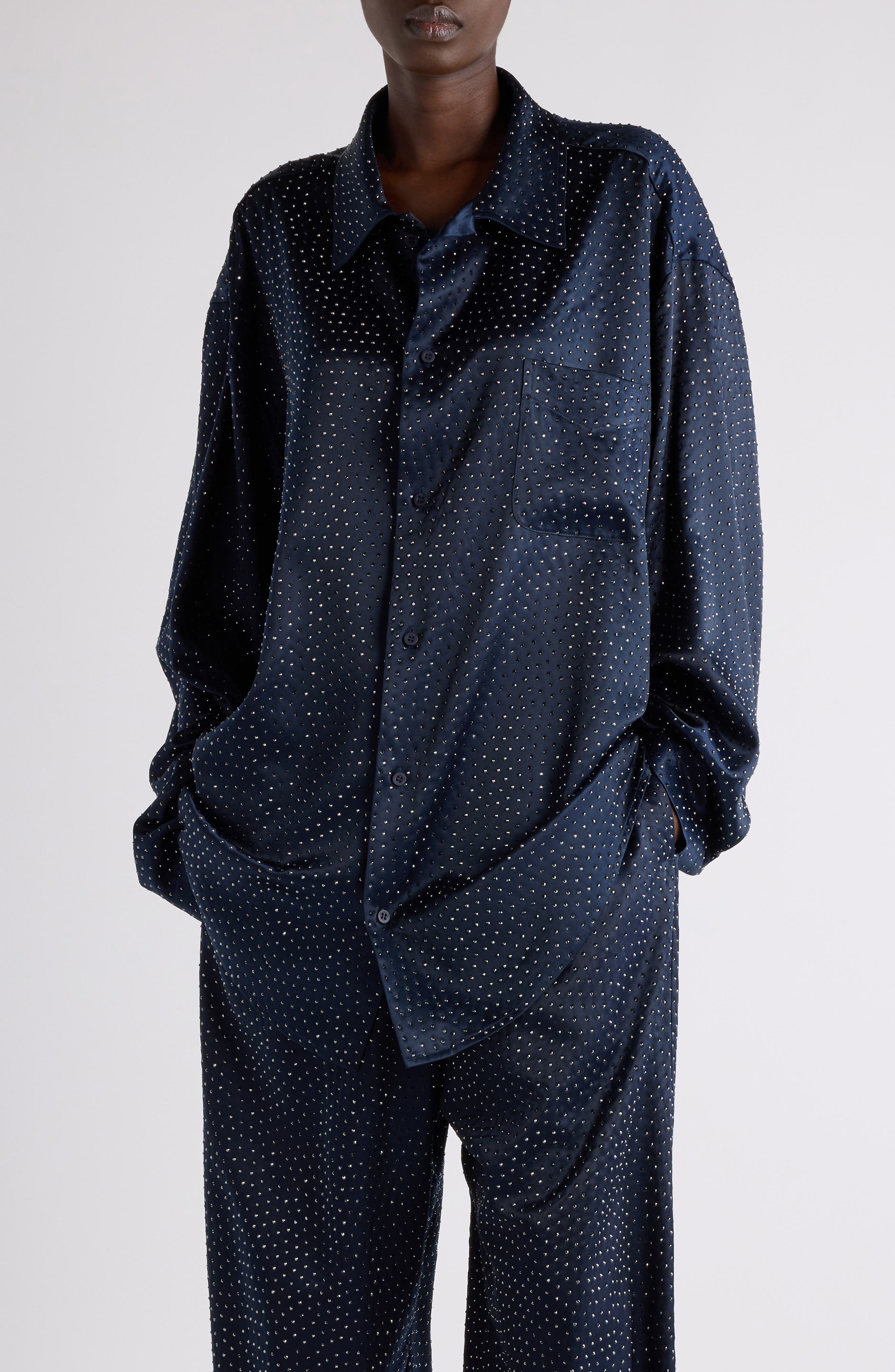 Crystal Embellished Oversize Satin Button-Up Shirt