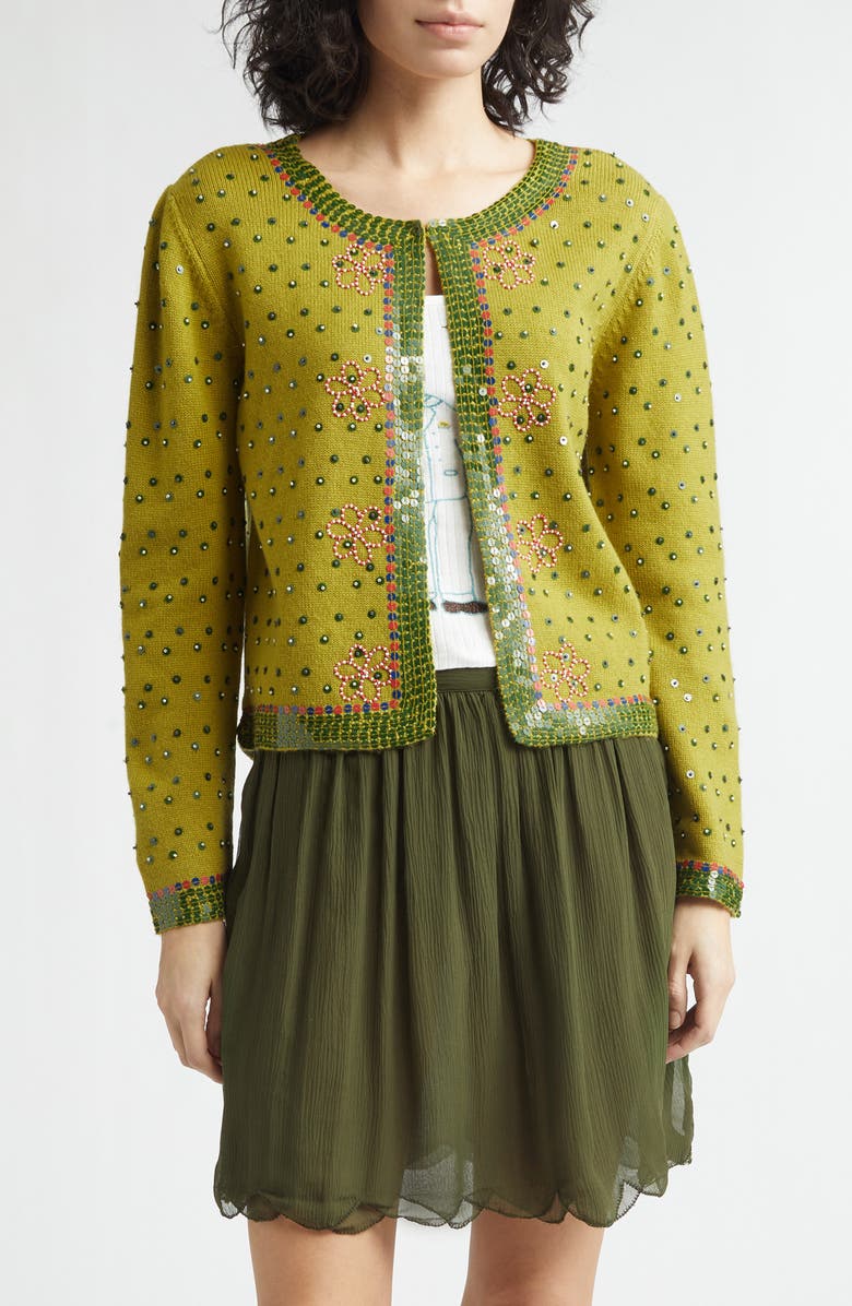 Bode Fairyfloss Beaded Wool & Cashmere Cardigan, Main, color, Green