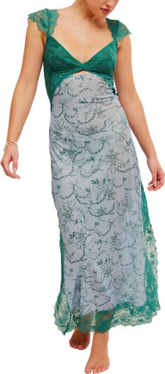 Suddenly Fine Floral Print Cutout Lace Trim Nightgown