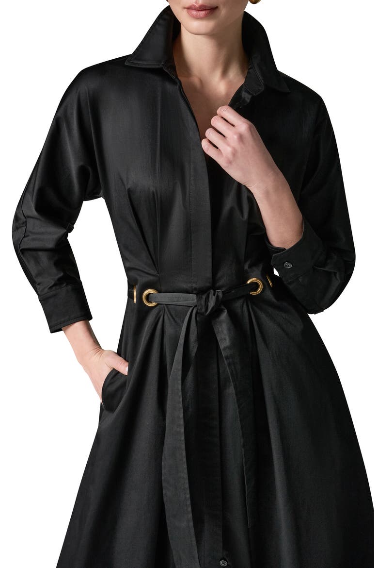 Drawstring Waist Stretch Cotton Midi Shirtdress, Alternate, color, BLACK