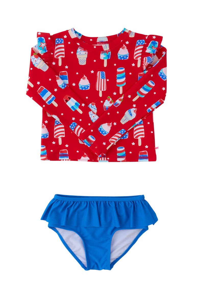 RuffleButts UPF50 Sun Protected Skirted Flutter Long Sleeve Rash Guard Bikini, Main, color, Stars & Scoops