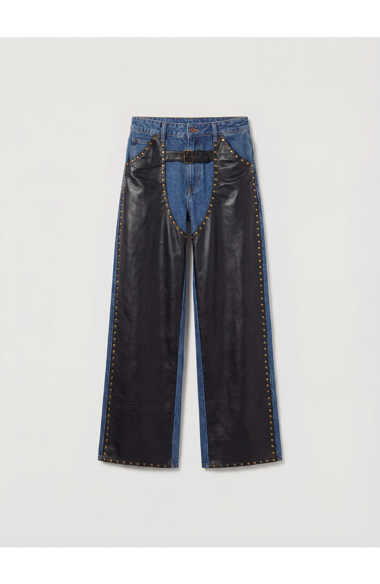 NASTY GAL Straight Leg Denim Pu Mix Chap Jeans, Alternate, color, Dark Wash