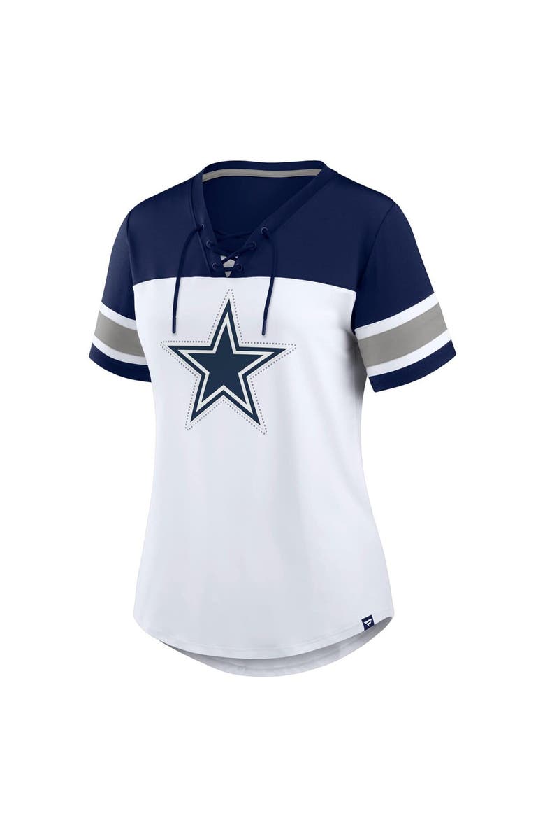 FANATICS Women's Fanatics White/Navy Dallas Cowboys Athena Rhinestone Lace-Up V-Neck T-Shirt, Alternate, color, White