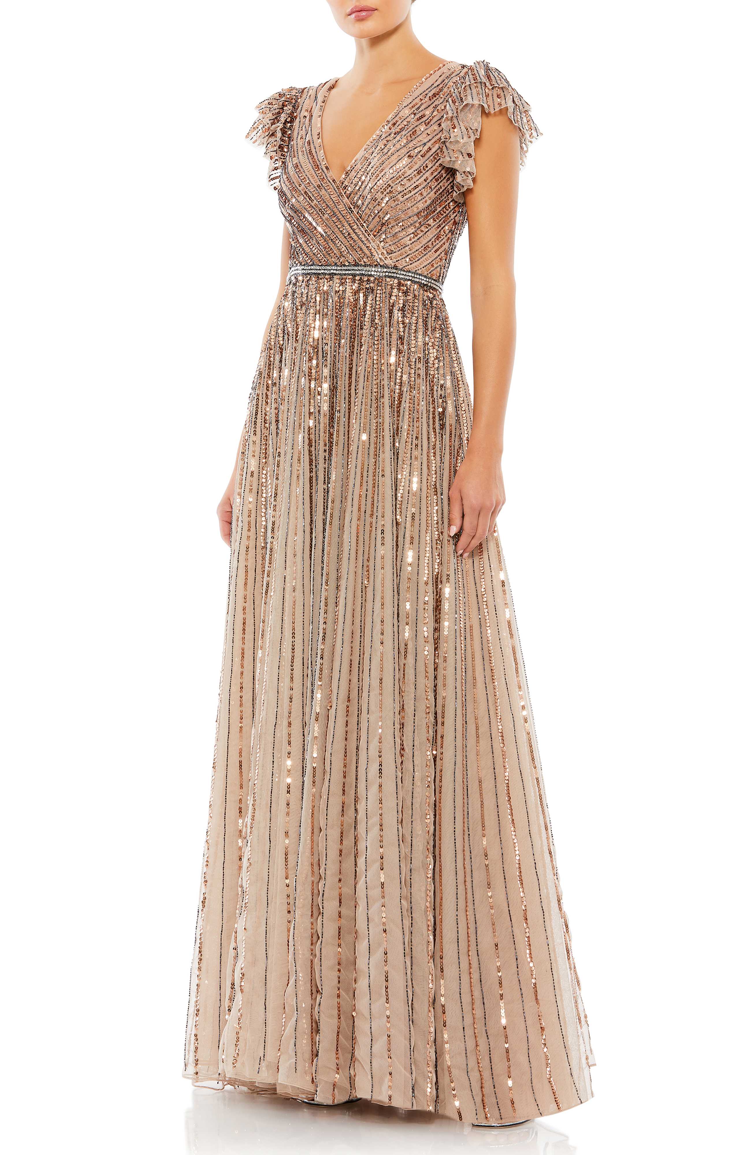 Women's Sequined Wrap Over Ruffled Cap Sleeve Gown