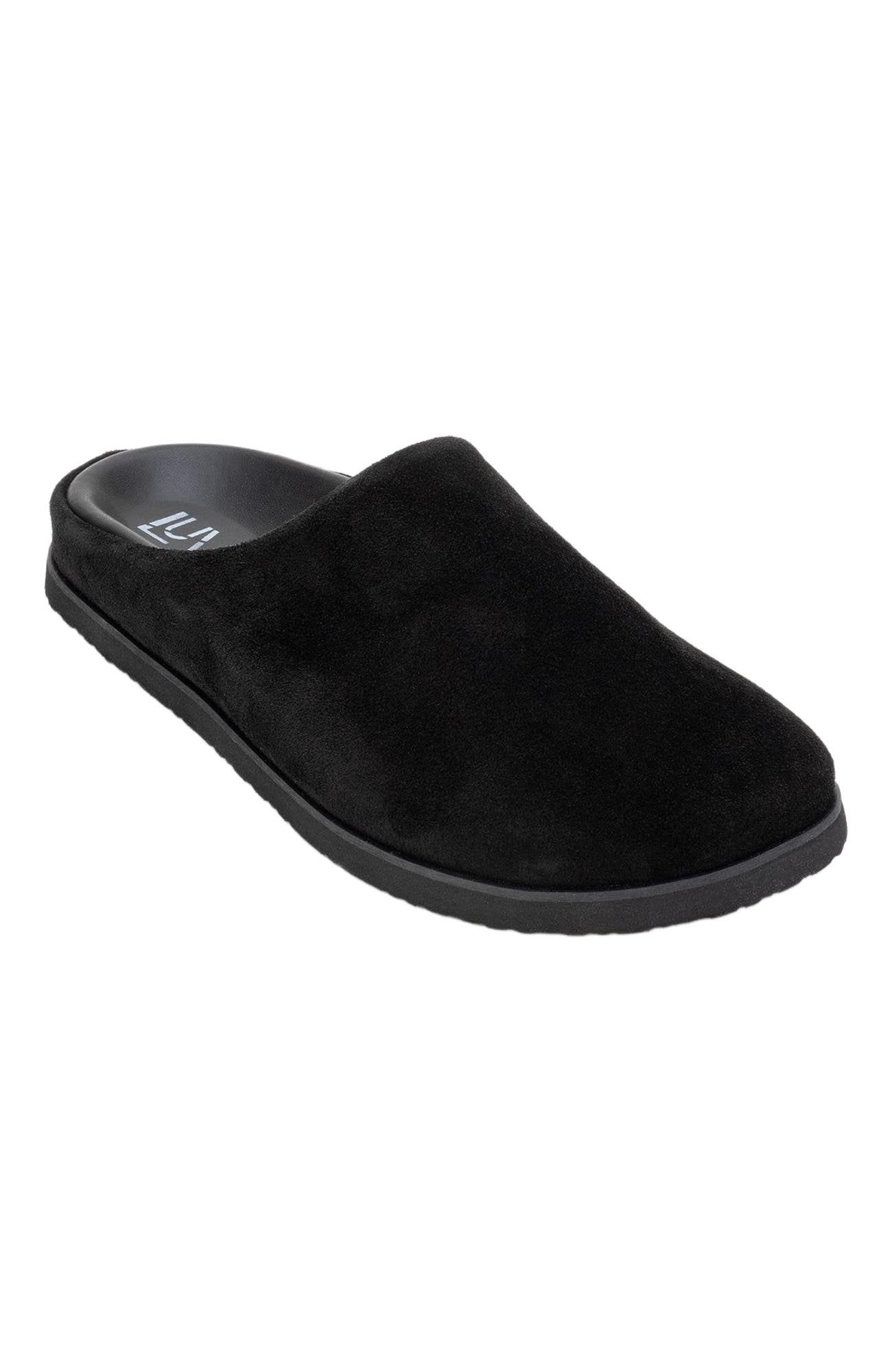 Space Suede Leather Slide Sandal, Main, color, Black Leather