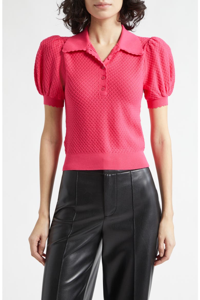 Ramona Puff SleevePointelle Polo Sweater, Main, color, DEEP PINK