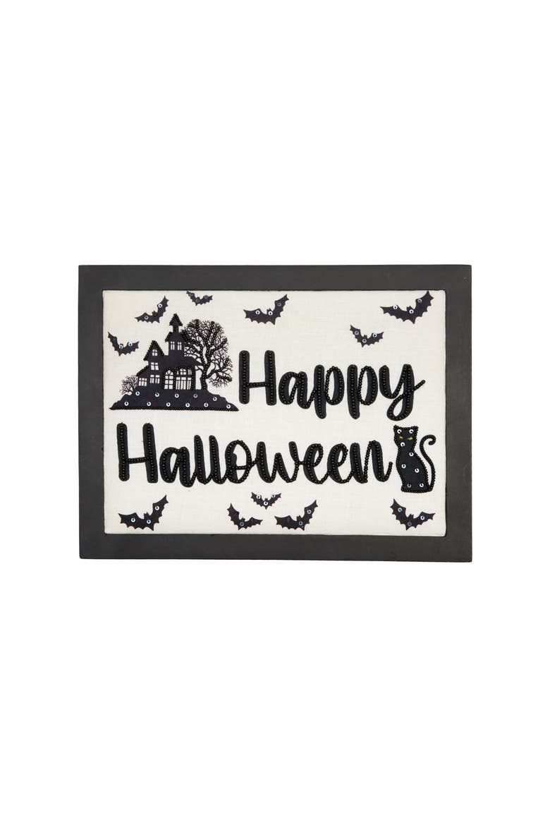 Black Cat & House "Happy Halloween" Mango Wood Shadow Box, 9" x 12", Main, color, Black
