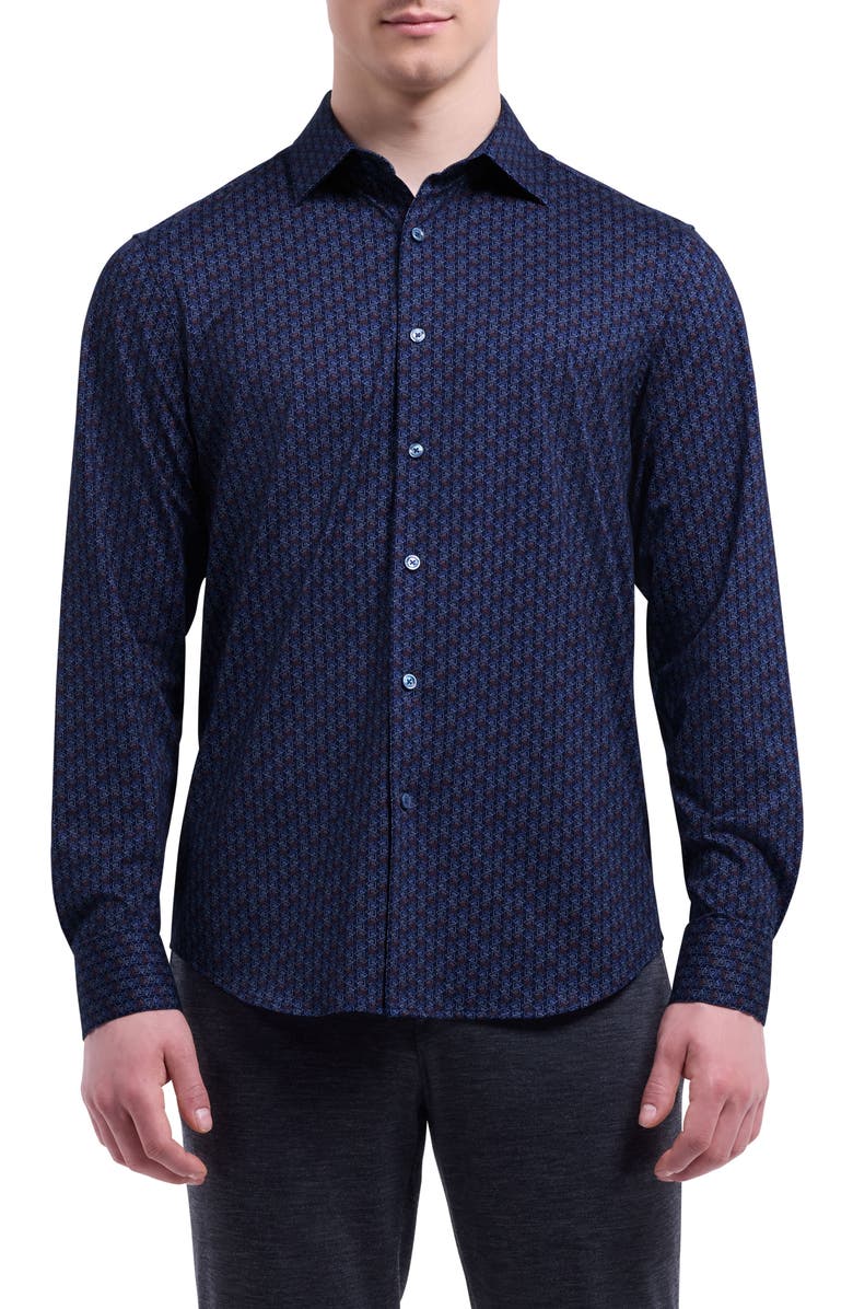 Bugatchi James OoohCotton<sup>®</sup> Geo Print Button-Up Shirt, Main, color, Navy