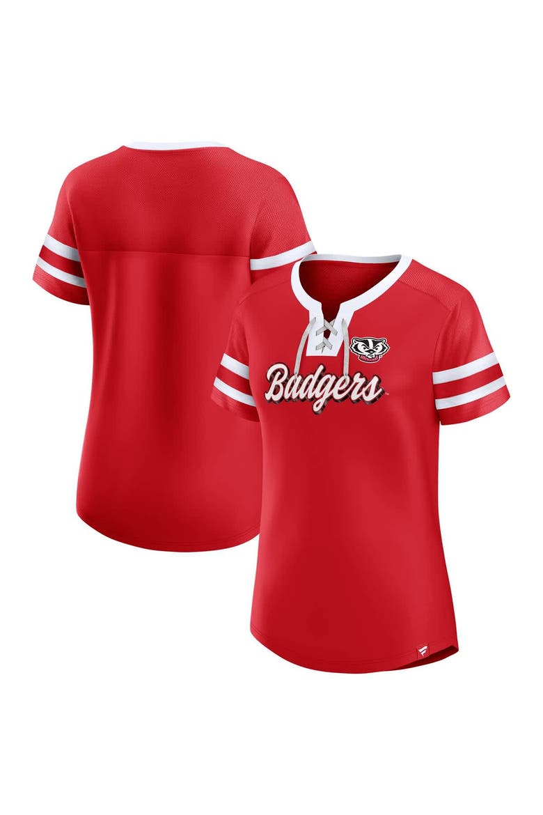 Women's Fanatics  Red Wisconsin Badgers Iconic Athena Lace-Up T-Shirt, Main, color, Red