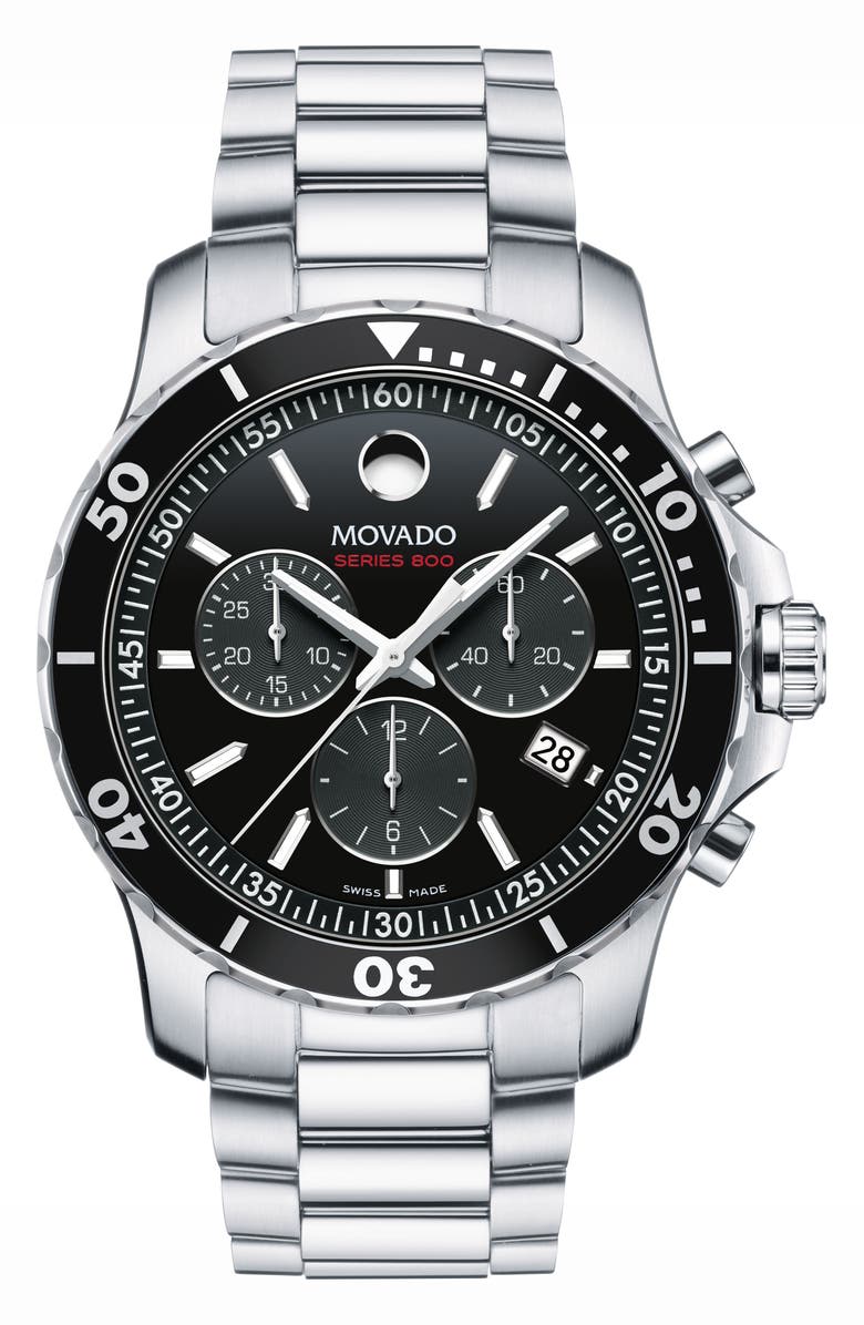 Movado 'Series 800' Chronograph Bracelet Watch, 42mm, Main, color, Silver/ Black/ Silver