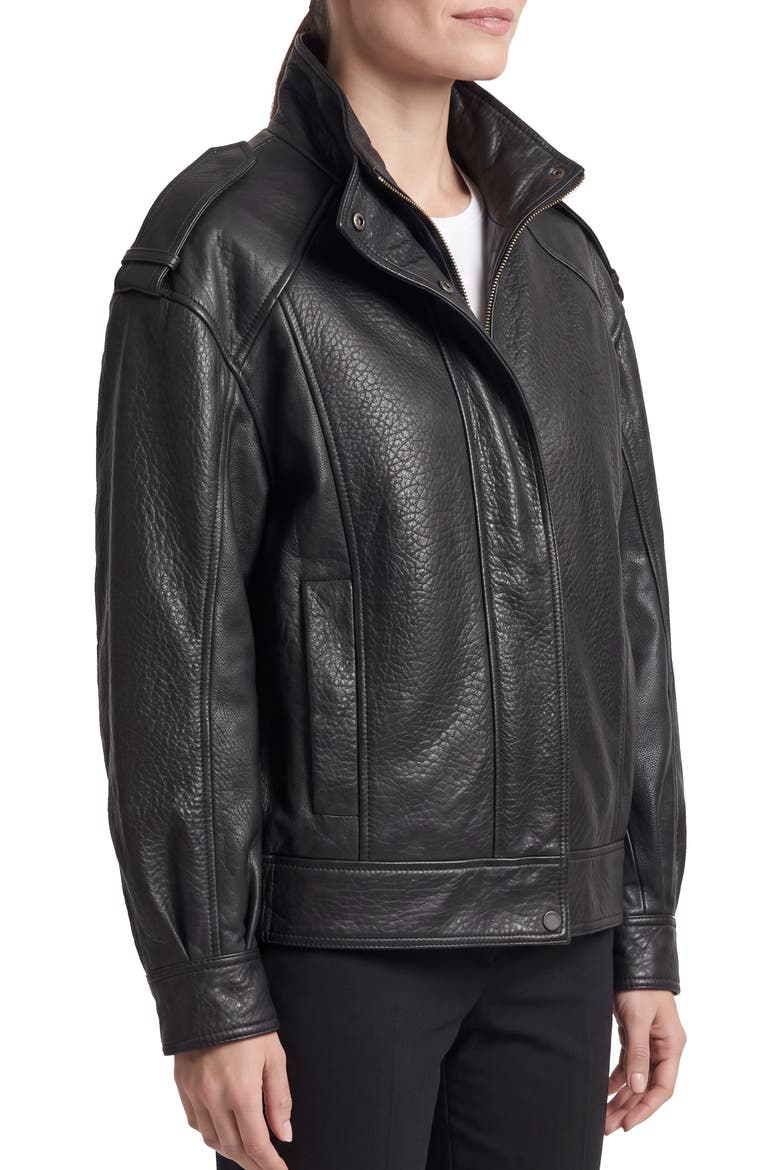 Leather Bomber Jacket, Alternate, color, BLACK