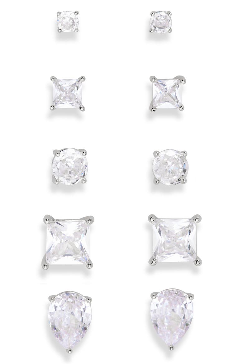Set of 5 Stud Earrings, Main, color, CLEAR- SILVER
