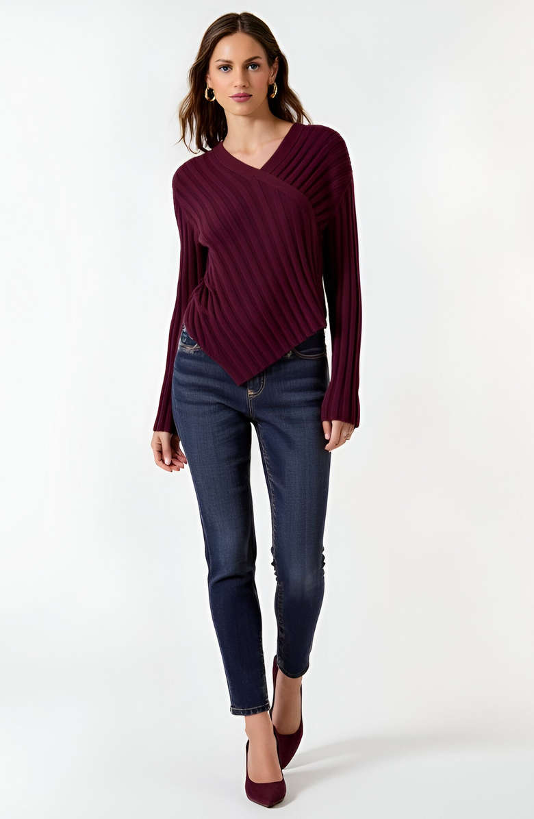 Modenaire Asymmetrical Hem V Neck Ribbed Knit Sweater, Alternate, color, 